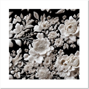 Intricate filigree lacework of white flowers on black backdrop Posters and Art